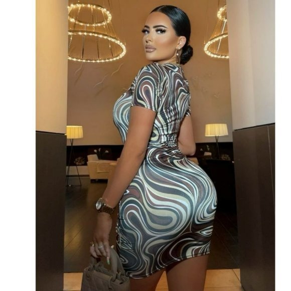 Brown Marble Print Short Sleeve Bodycon Mini Dress - Picture 9 of 12